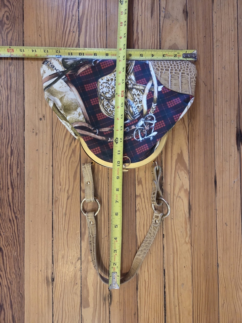 Just Cavalli Gold-Trim Plaid Equestrian Print Top-Handle Bag Shoulder Bag! - Picture 4 of 6